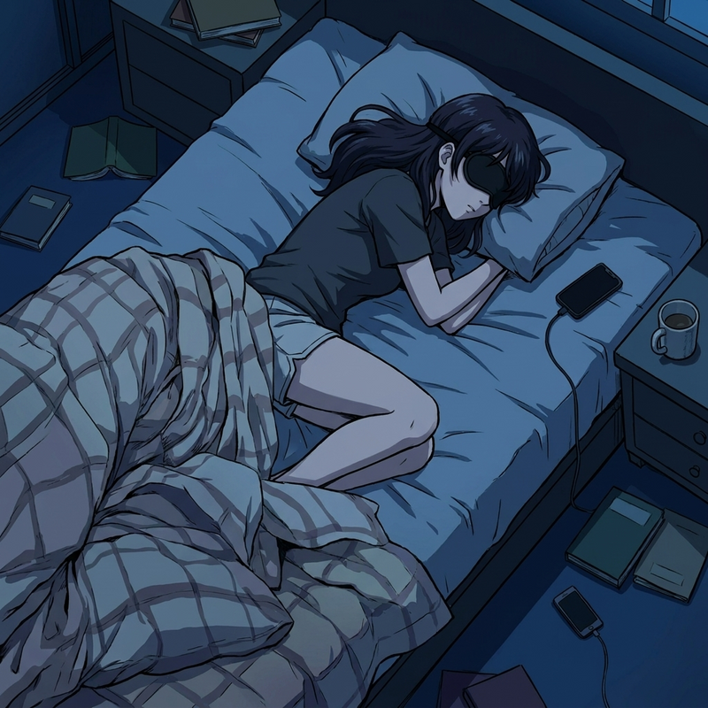 Side sleeper wearing sleep mask